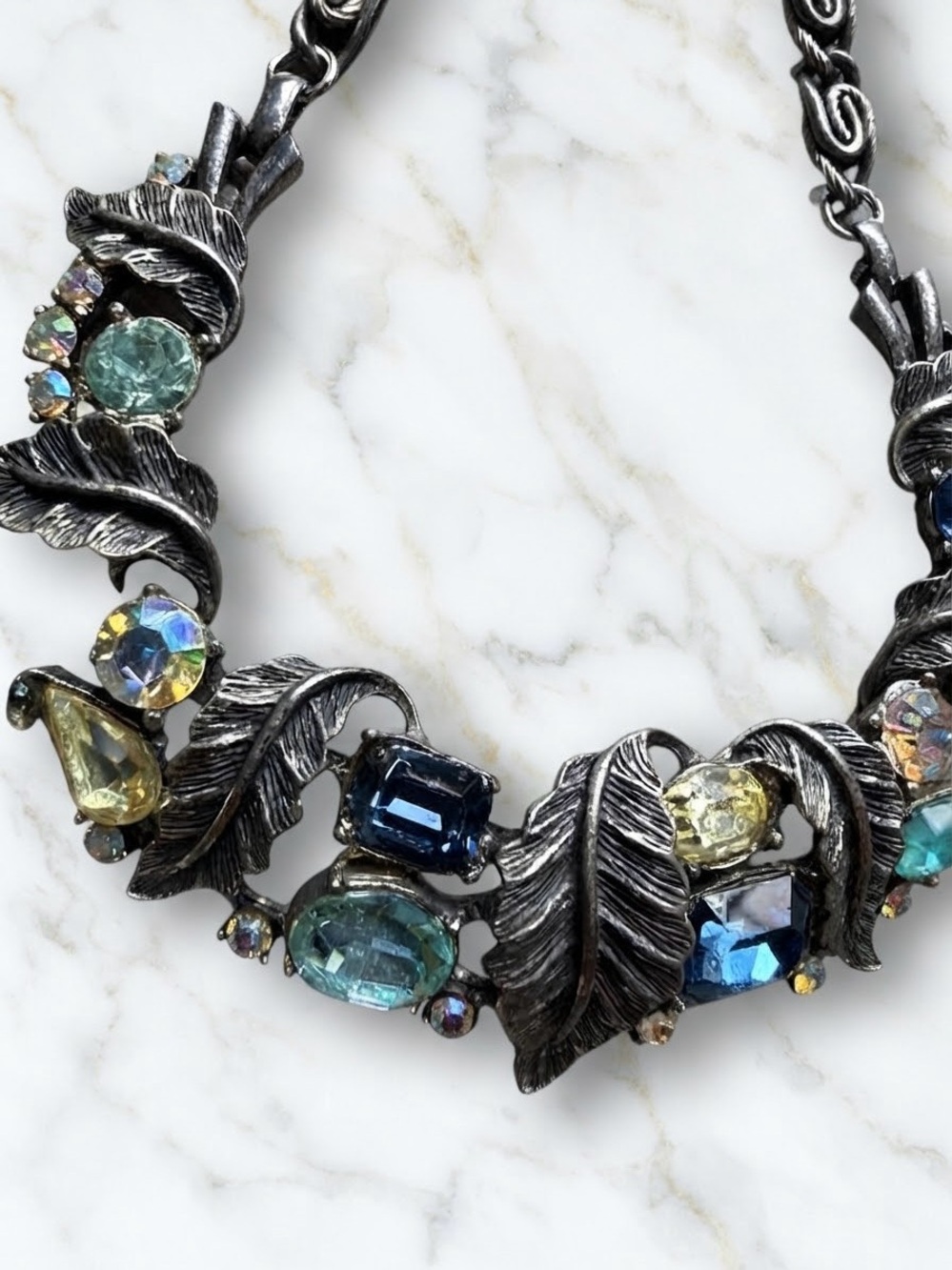 Vintage CORO Rhinestone Leaf Statement Choker Necklace Silver Tone Mixed Blue